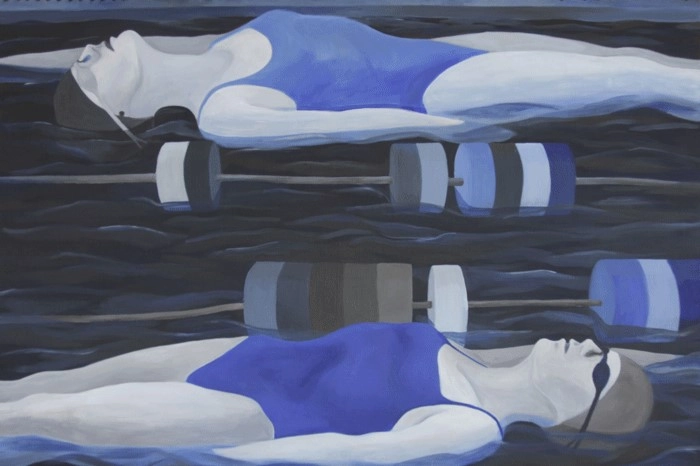 Umělkyně Lištica maluje plavce pohybující se na hraně existence