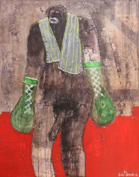  Bob-Nosa: The Victor/The Fighting Man (Vítěz/Bojovník), akryl na plátně, 2017, Zdroj: katalog výstavy: Obituary, Bob-Nosa Uwagboe, Signature Beyond Art Gallery, 2018, s. 16