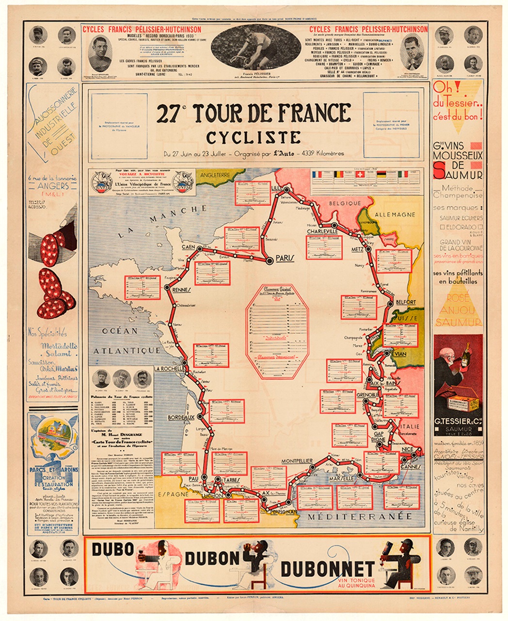 Map of the Tour de France 1933, poster, unknown author, source: vintagebicycleposters.com. In 1933, the Tour de France was won by a racer called Speicher who represented the French national team. The Tour lasted 23 days and was an incredible 4395 kilometres long.