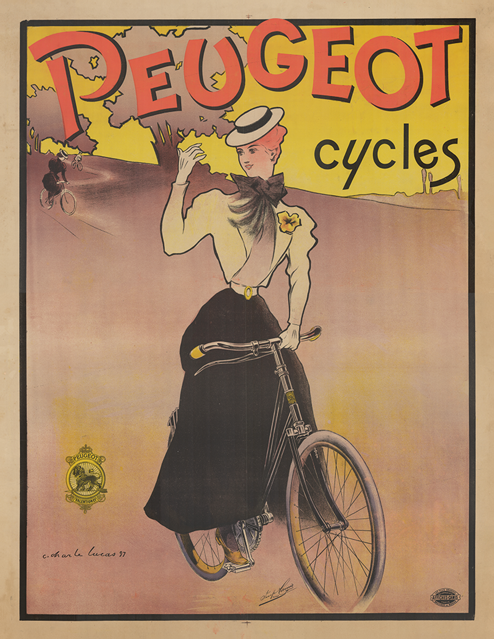 Reklamní plakát značky Peugeot, C. Lucas, 1897, zdroj: vintagebicycleposters.com. Prvním dopravním prostředkem firmy Peugeot proslavené později především výrobou automobilů bylo jízdní kolo vyrobené roku 1882.