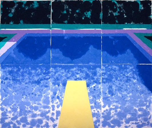 David Hockney: Bazén se třemi modrými barvami (Papírový bazén 6), 1978, kolorovaná a lisovaná papírová buničina. Zdroj: Hockney.com