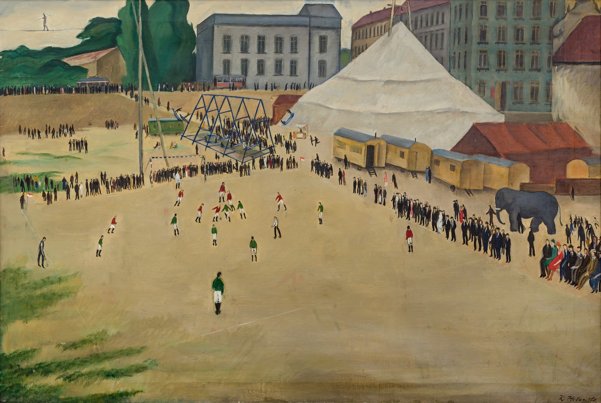 Karel Holan, Fotbalové hřiště (Cirkus, Nedělní odpoledne), 1920. Zdroj: GAVU
