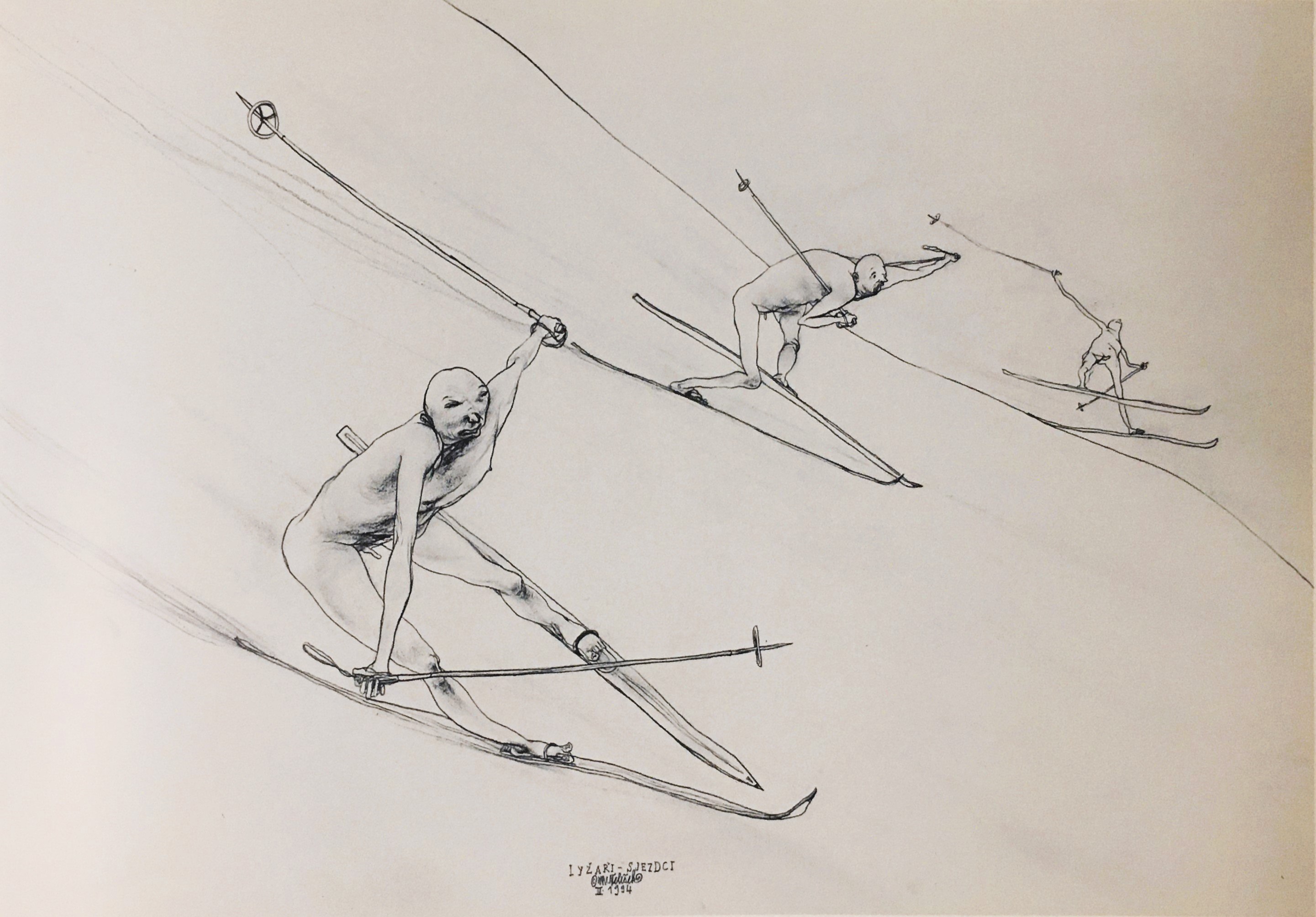 Martin Velíšek, Skiers - downhillers, drawing from the cycle Skiers, 1994, source: Martin Velíšek: Lyžaři, Argo, 1996
