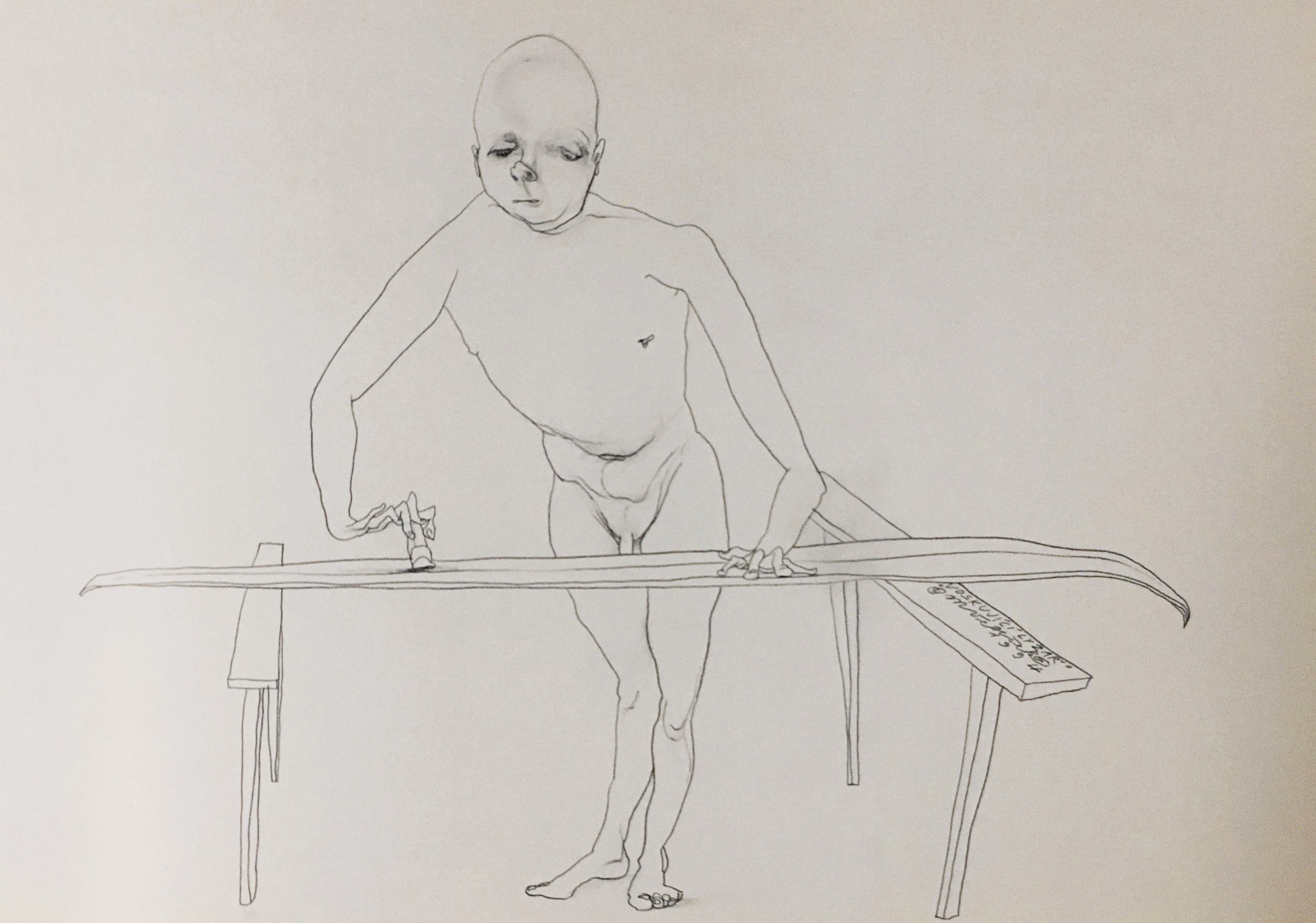 Martin Velíšek, Waxing Skier, drawing from the series Skiers, 1994. Source: Martin Velíšek: Skiers, Argo, 1996