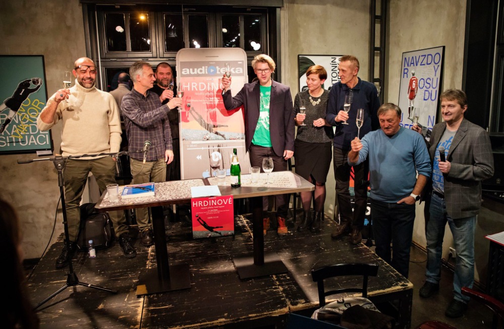 The launch of Hrdinové. The Greatest Stories of Czech Football audiobook, read by Ivan Trojan, hosted by football players Antonín Panenka and Jan Berger, source: Ondřej Horák’s personal archive