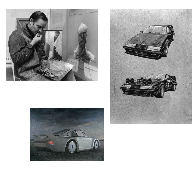 Theodor Pištěk e svém ateliéru, skici automobilu pro film Juraje Herze Upír z Feratu (1981), obraz Racek letící do snu. Zdroj: Magazín Sport in Art