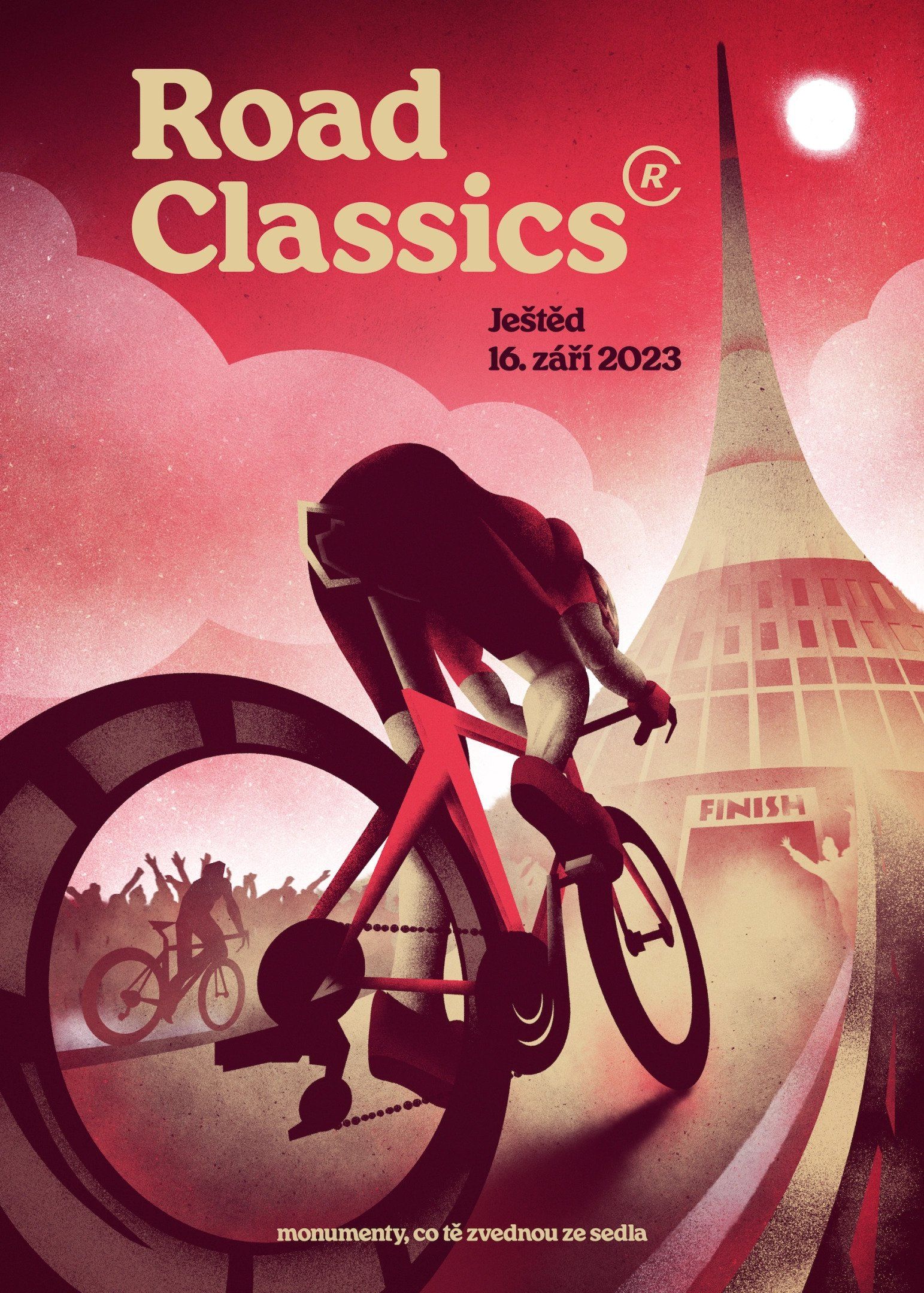 omski&Polanski, 2023, poster for the premiere episode of the cycling series "Road Classics" culminating at the iconic Ještěd