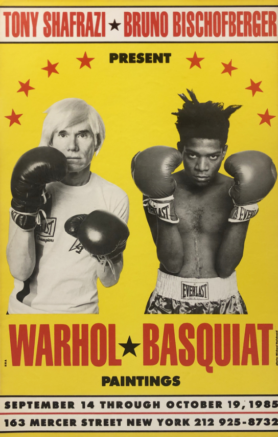 Jean-Michel Basquiat, Andy Warhol, Michael Halsband, Warhol – Basquiat boxing poster, offsetová litografie, 1985, zdroj: artsy